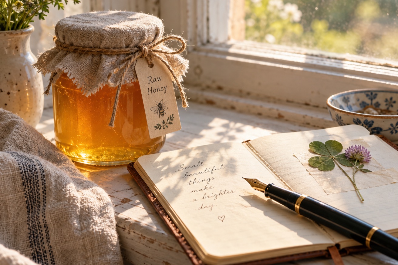 A jar of raw Fernhollow honey on a sunny windowsill beside an open notebook and a pressed clover flower